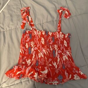 Red Floral Smocked Crop Top